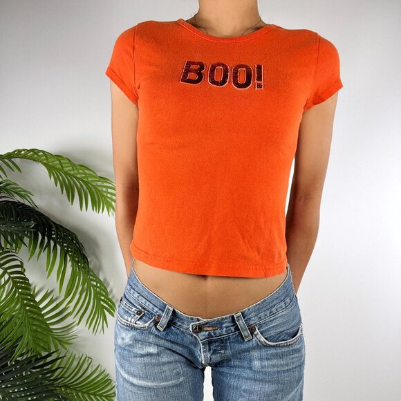Vintage Y2K Orange Boo! Sequin Casual Short Sleeve Cropped T-Shirt Baby Tee / XS - Picture 4 of 7